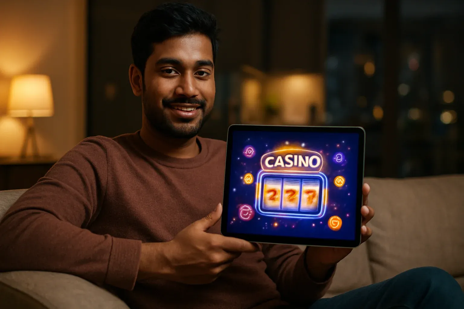 Young Bangladeshi man on sofa holding tablet with colorful casino app