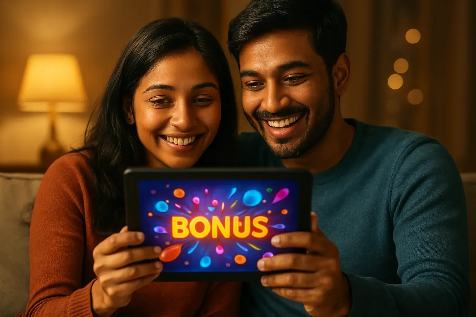 Young Bangladeshi couple smiling at tablet with colorful bonus page