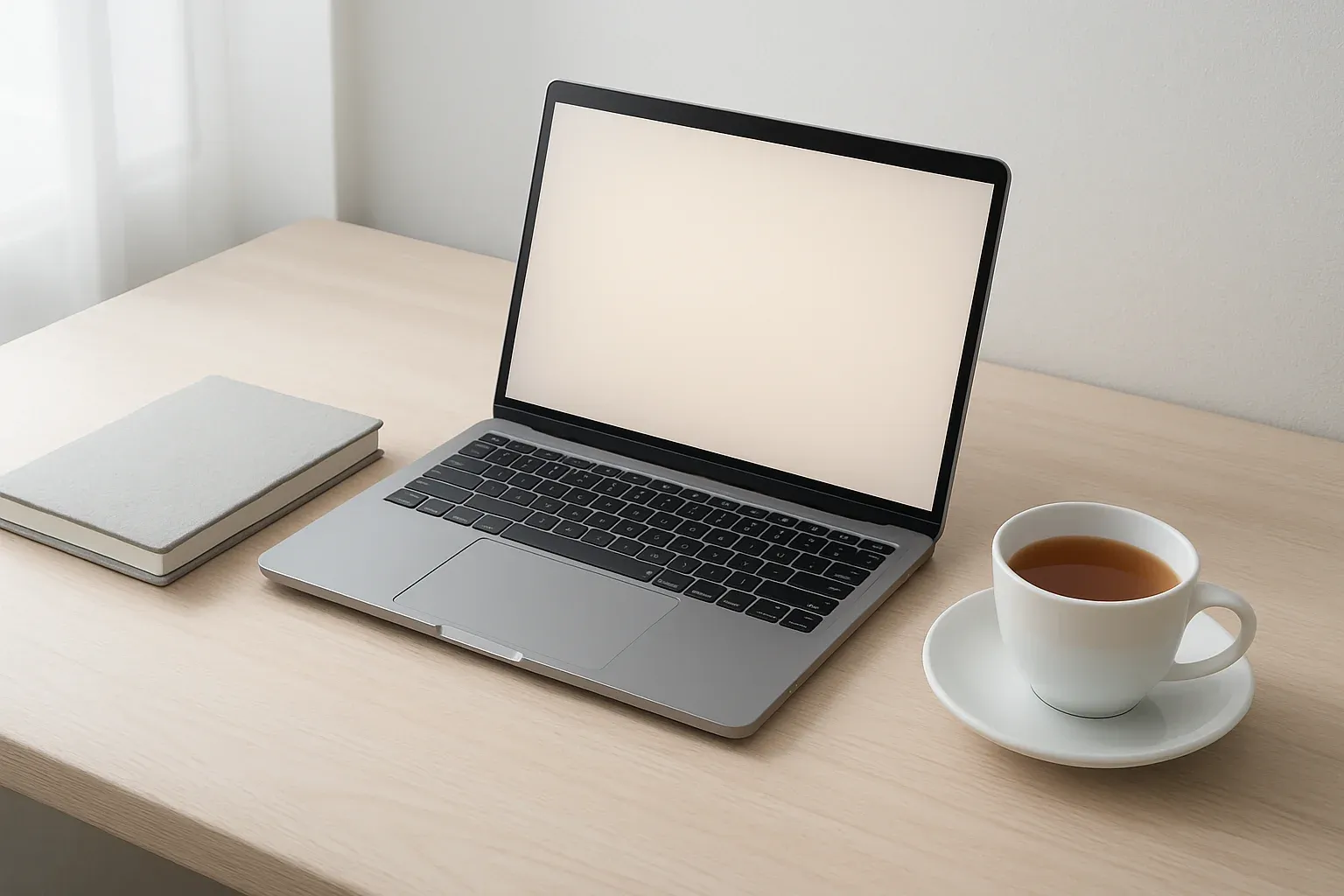Clean minimalist workspace with laptop, notebook, and tea in natural light