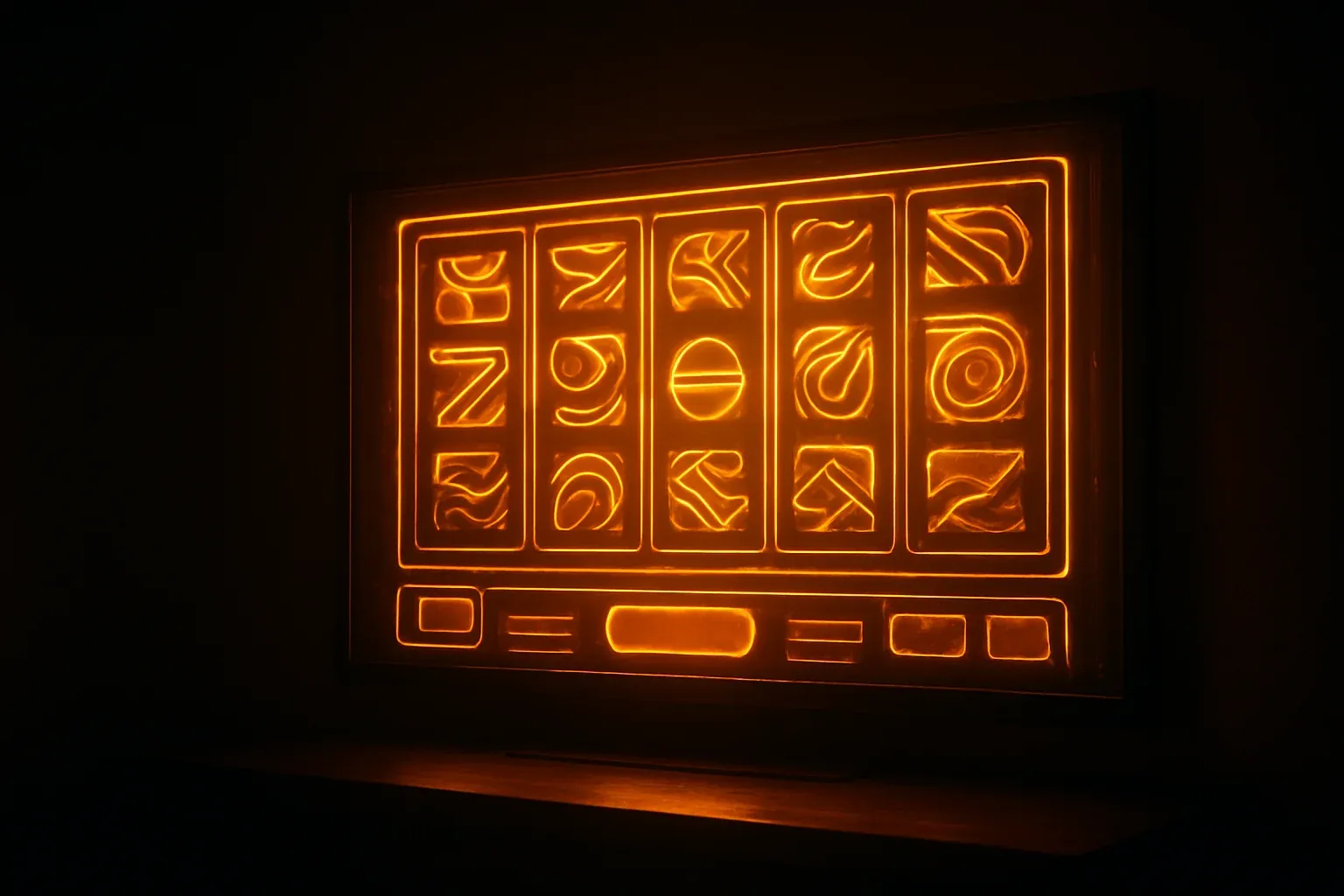 Hyperrealistic glowing casino game interface illuminating a dark room
