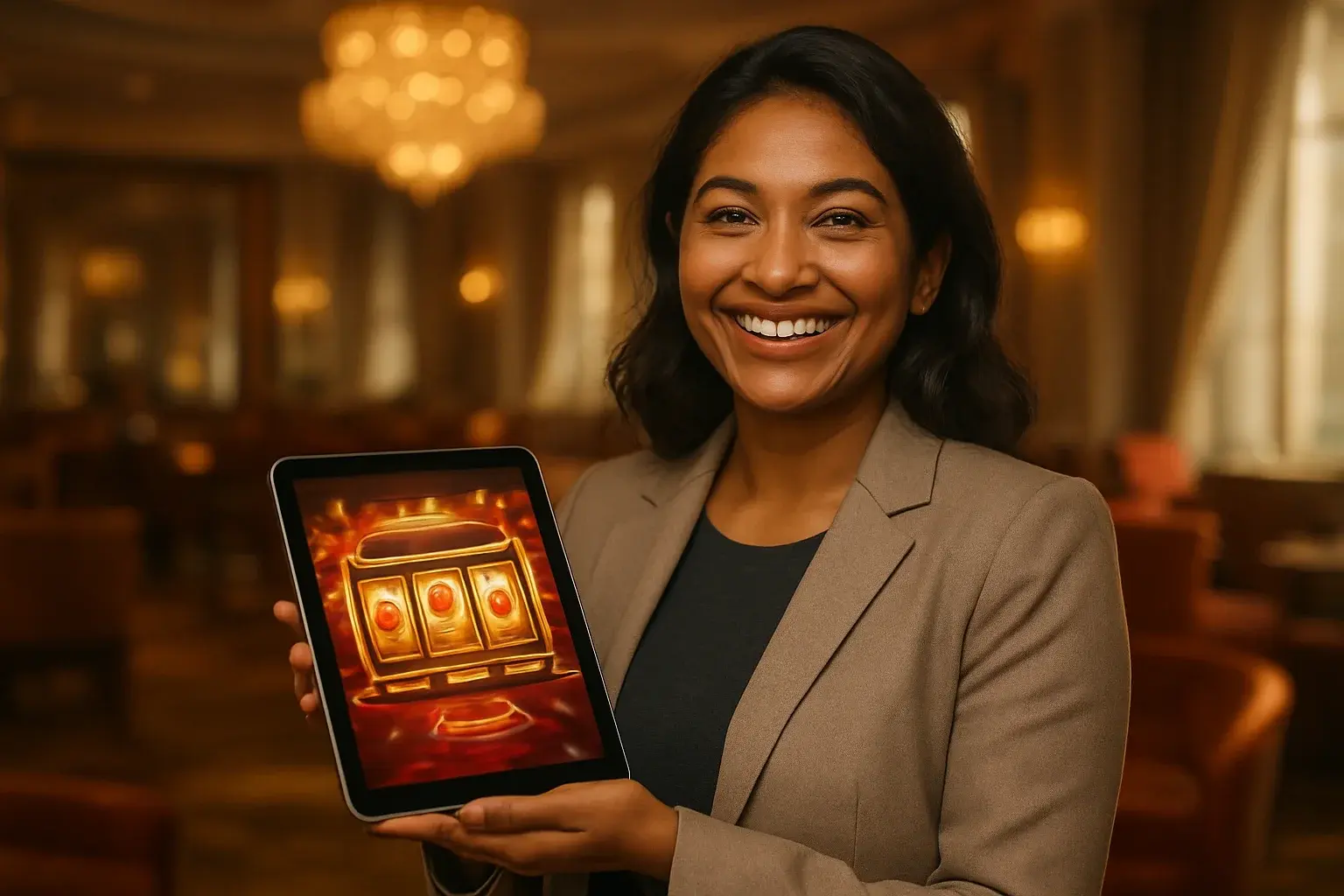 Beaming Bangladeshi woman holding glowing tablet in elegant casino lounge