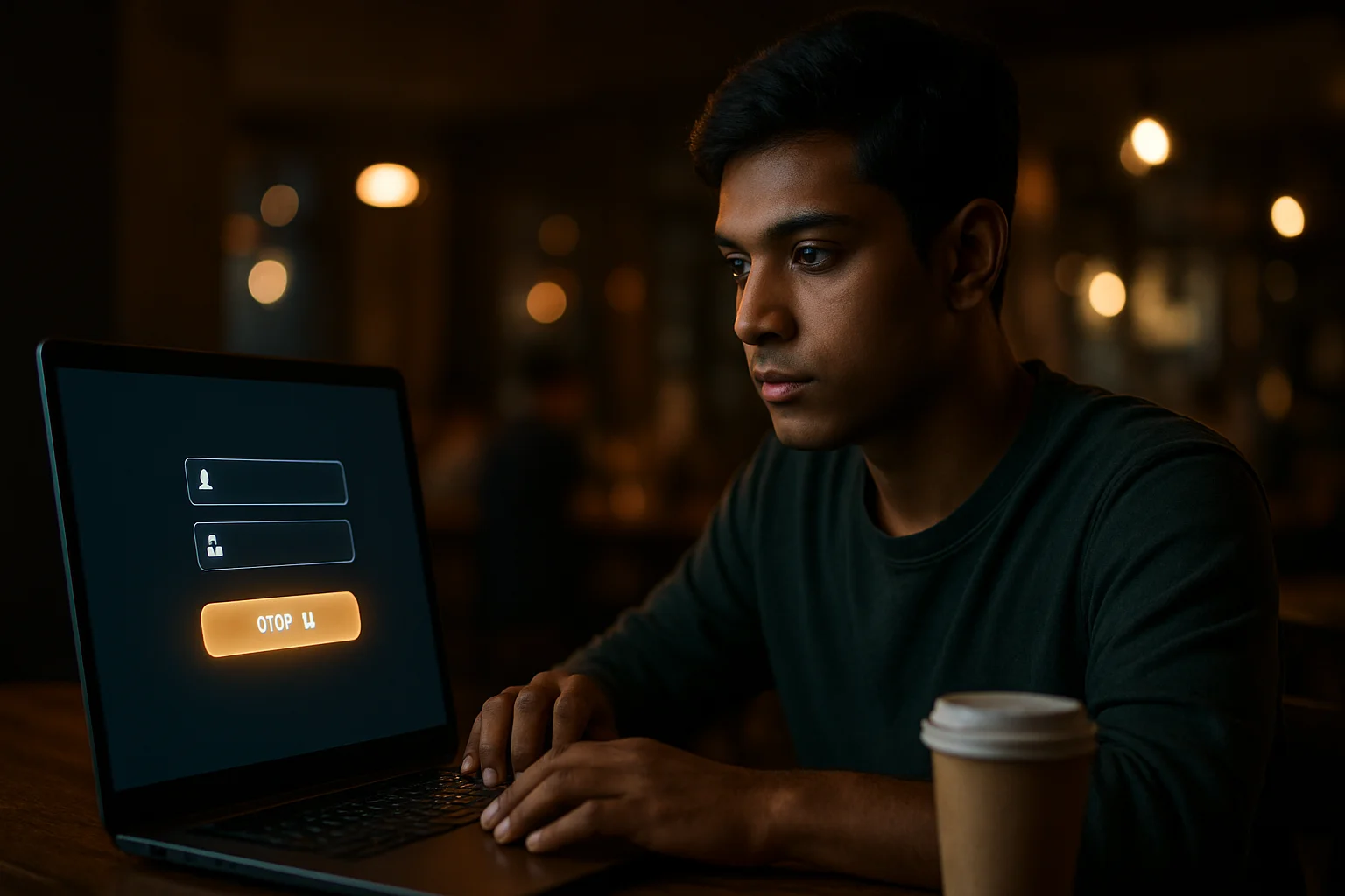 Bangladeshi university student in cafe with laptop showing stylized login form