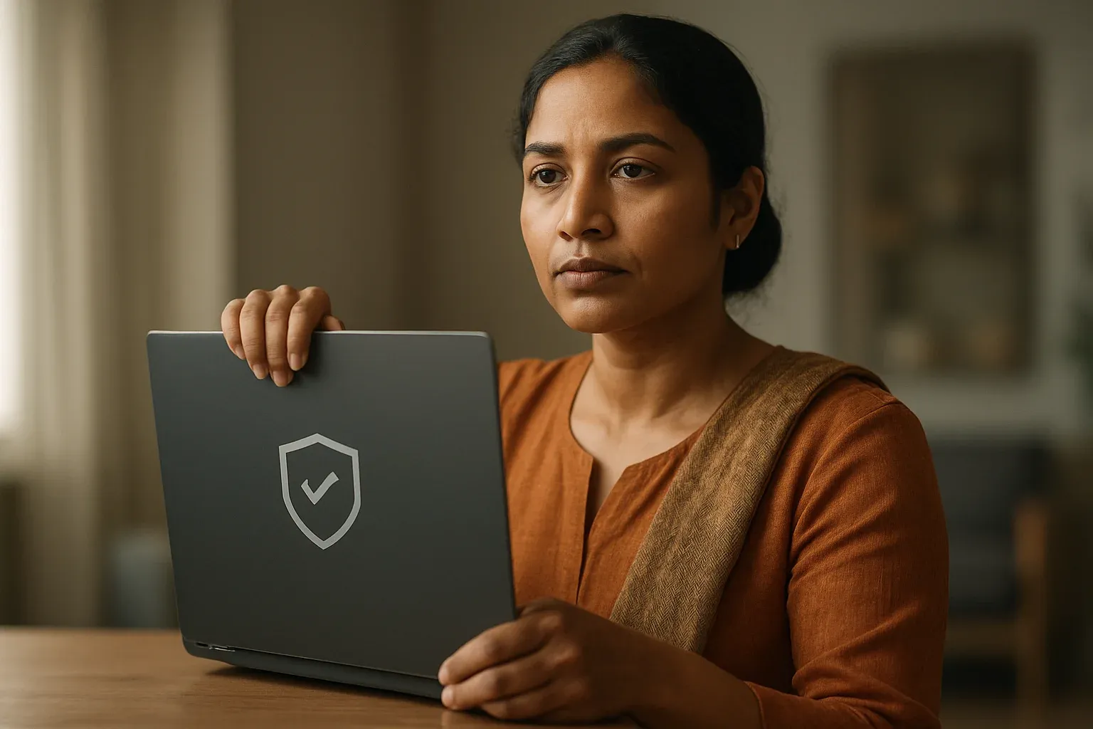 Bangladeshi woman confidently closing laptop to stop online session responsibly