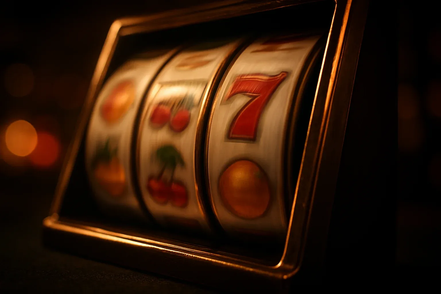 Hyperrealistic slot machine reel mid-spin with motion blur and casino bokeh